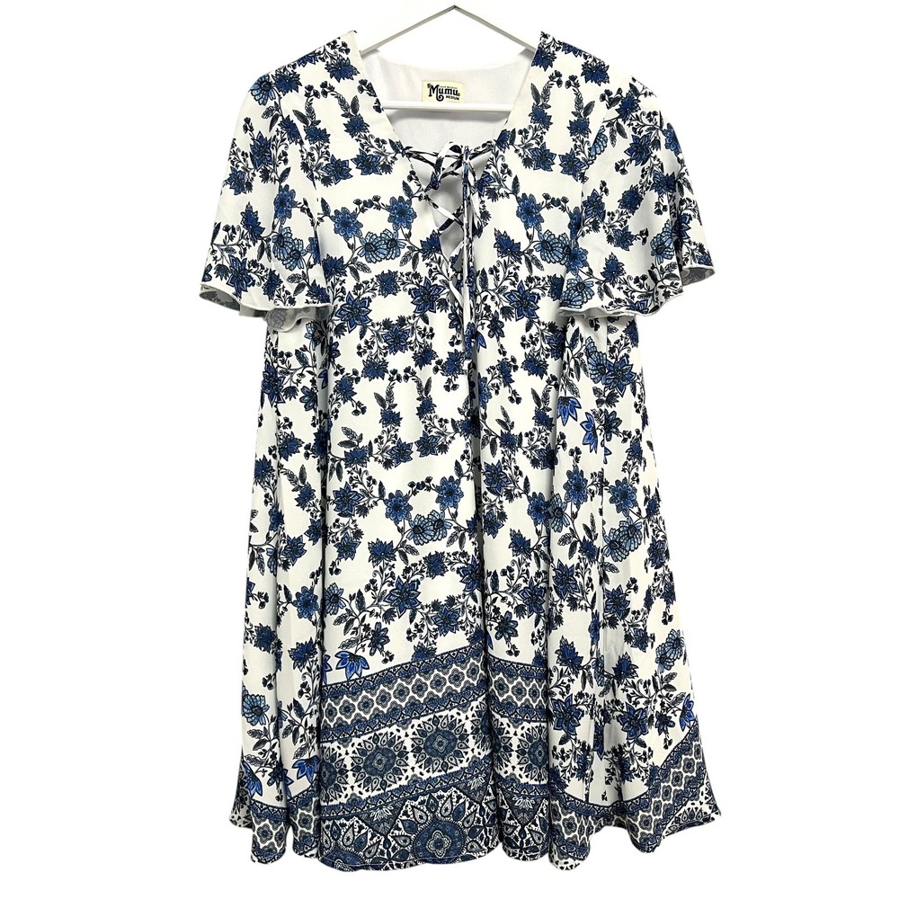 Show Me Your Mumu Dress Womens Medium White Blue Floral Lace Up Flutter Sleeve